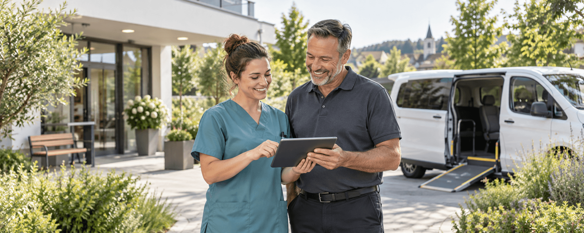 Pflegekraft und Transportmitarbeiter planen gemeinsam am Tablet.